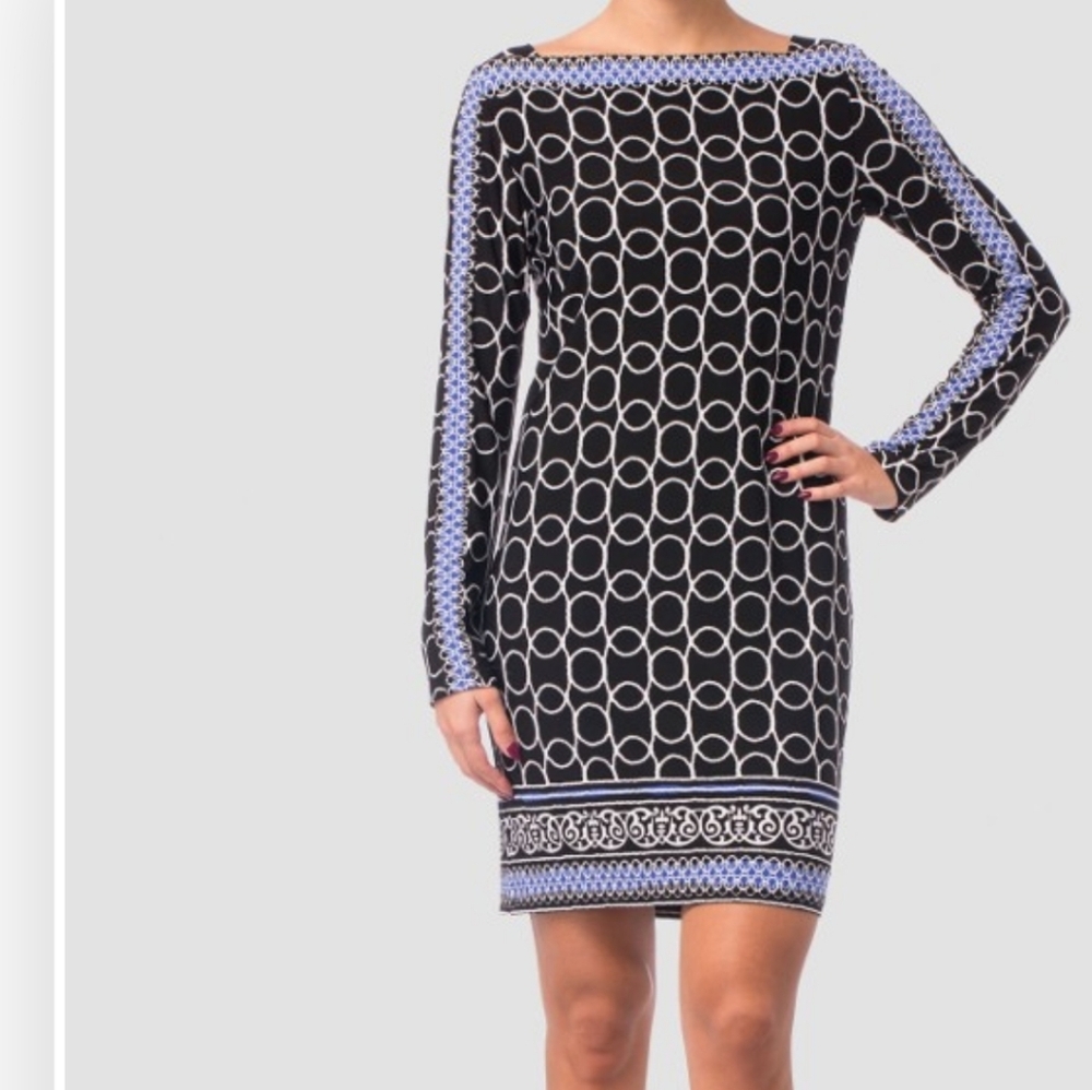 Joseph Ribkoff S12 Houndstooth Black White Blue Shift Dress Beautiful Neckline